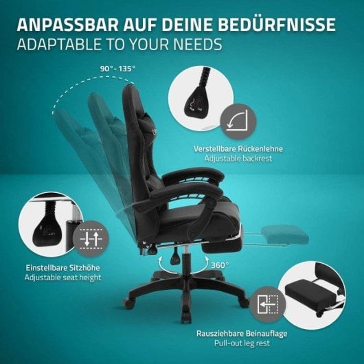 ML Design Silla Gaming Ergonómica Negra con Reposapiés, Cojines Lumbar y Cervical, Reposabrazos y Ajuste 135°