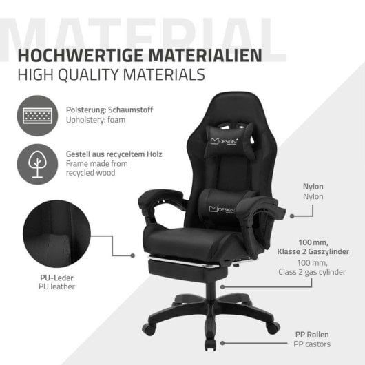 ML Design Silla Gaming Ergonómica Negra con Reposapiés, Cojines Lumbar y Cervical, Reposabrazos y Ajuste 135°