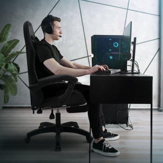 ML Design Silla Gaming Ergonómica Negra con Reposapiés, Cojines Lumbar y Cervical, Reposabrazos y Ajuste 135°
