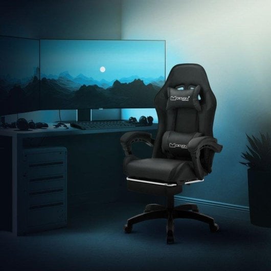 ML Design Silla Gaming Ergonómica Negra con Reposapiés, Cojines Lumbar y Cervical, Reposabrazos y Ajuste 135°