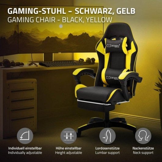 ML Design Silla Gaming Ergonómica Negra y Amarilla con Cojín Lumbar, Reposabrazos y Reposapiernas Ajustable