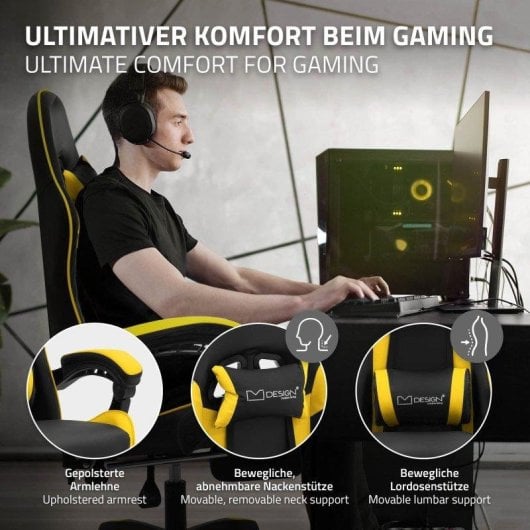 ML Design Silla Gaming Ergonómica Negra y Amarilla con Cojín Lumbar, Reposabrazos y Reposapiernas Ajustable