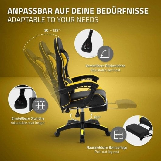 ML Design Silla Gaming Ergonómica Negra y Amarilla con Cojín Lumbar, Reposabrazos y Reposapiernas Ajustable