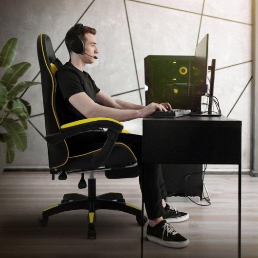 ML Design Silla Gaming Ergonómica Negra y Amarilla con Cojín Lumbar, Reposabrazos y Reposapiernas Ajustable