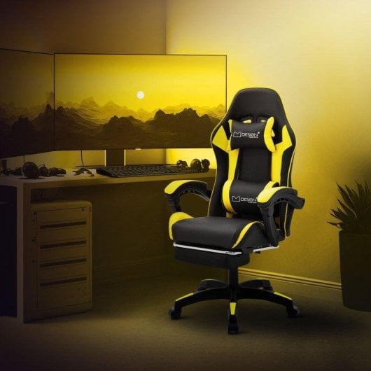 ML Design Silla Gaming Ergonómica Negra y Amarilla con Cojín Lumbar, Reposabrazos y Reposapiernas Ajustable