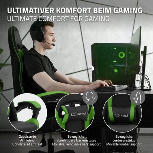 ML Design Silla Gaming Ergonómica Verde con Reposapiernas, Cojines y Reposabrazos Ajustables