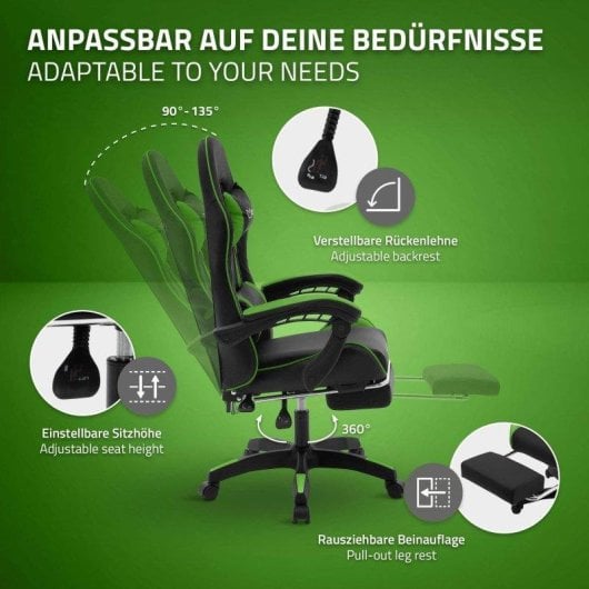 ML Design Silla Gaming Ergonómica Verde con Reposapiernas, Cojines y Reposabrazos Ajustables