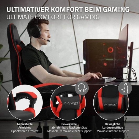 ML Design Silla Gaming Ergonómica Negra y Roja con Reposapiernas, Cojín Lumbar y Cervical, Respaldo Ajustable, 200 kg