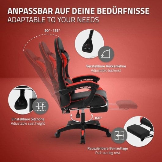 ML Design Silla Gaming Ergonómica Negra y Roja con Reposapiernas, Cojín Lumbar y Cervical, Respaldo Ajustable, 200 kg