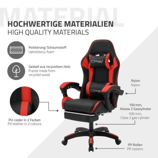 ML Design Silla Gaming Ergonómica Negra y Roja con Reposapiernas, Cojín Lumbar y Cervical, Respaldo Ajustable, 200 kg