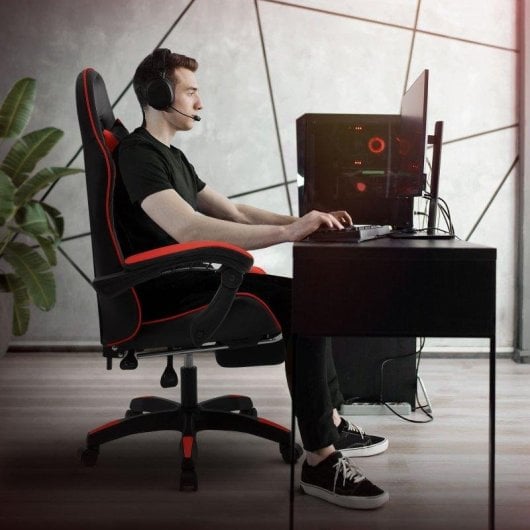 ML Design Silla Gaming Ergonómica Negra y Roja con Reposapiernas, Cojín Lumbar y Cervical, Respaldo Ajustable, 200 kg