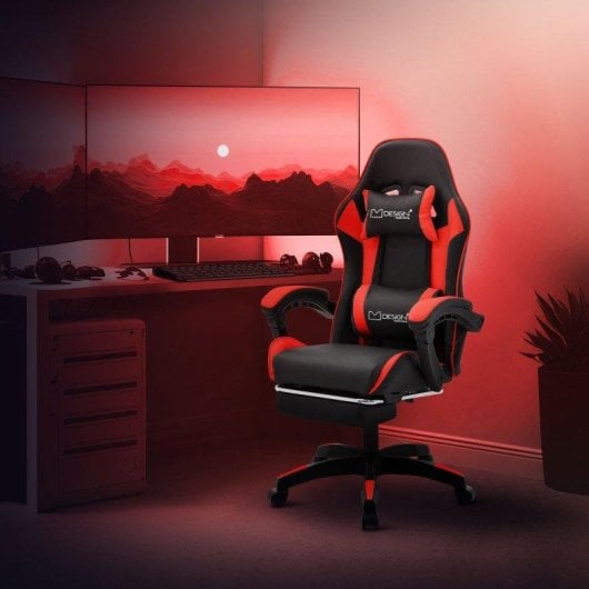 ML Design Silla Gaming Ergonómica Negra y Roja con Reposapiernas, Cojín Lumbar y Cervical, Respaldo Ajustable, 200 kg