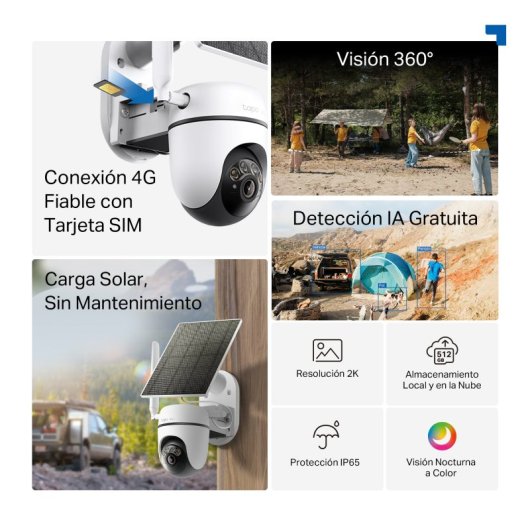 Tapo C615G Kit - Cámara de Vigilancia 4G 360º con Panel Solar, Resolución 2K, Detección IA Gratuita