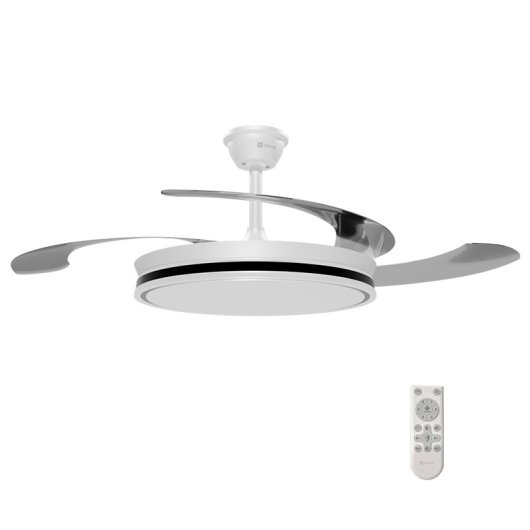 Ventilador de techo con aspas retráctiles, 122 cm, motor DC, 30W con luz regulable y control remoto, blanco