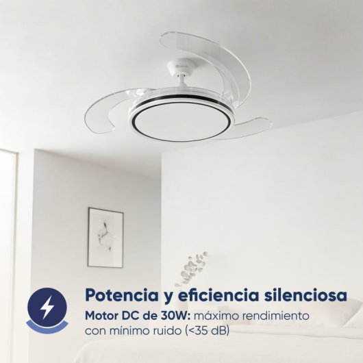 Ventilador de techo con aspas retráctiles, 122 cm, motor DC, 30W con luz regulable y control remoto, blanco
