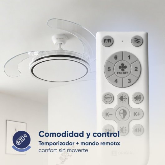 Ventilador de techo con aspas retráctiles, 122 cm, motor DC, 30W con luz regulable y control remoto, blanco