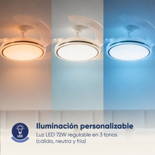 Ventilador de techo con aspas retráctiles, 122 cm, motor DC, 30W con luz regulable y control remoto, blanco