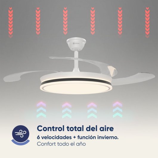 Ventilador de techo con aspas retráctiles, 122 cm, motor DC, 30W con luz regulable y control remoto, blanco