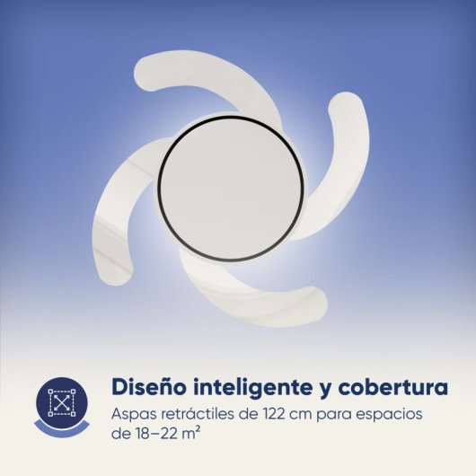 Ventilador de techo con aspas retráctiles, 122 cm, motor DC, 30W con luz regulable y control remoto, blanco