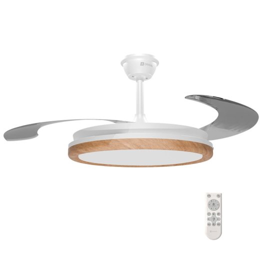 Ventilador de techo con aspas retráctiles, 106 cm, motor DC, 30W con luz y control remoto, madera