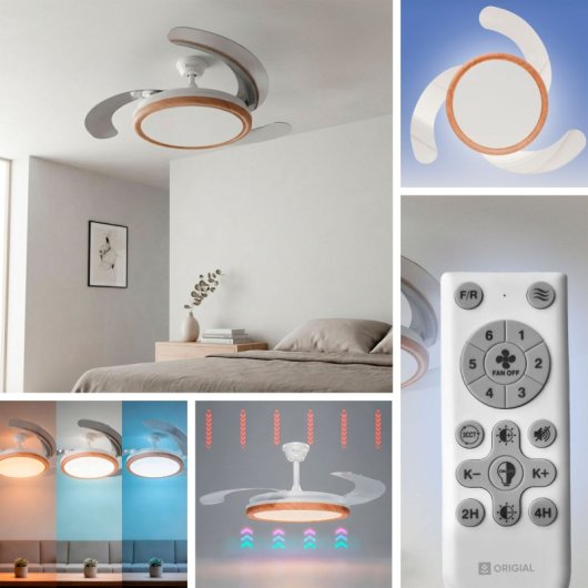 Ventilador de techo con aspas retráctiles, 106 cm, motor DC, 30W con luz y control remoto, madera