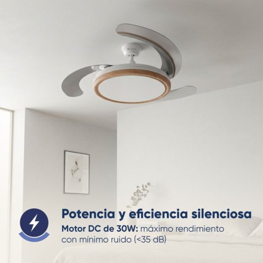 Ventilador de techo con aspas retráctiles, 106 cm, motor DC, 30W con luz y control remoto, madera