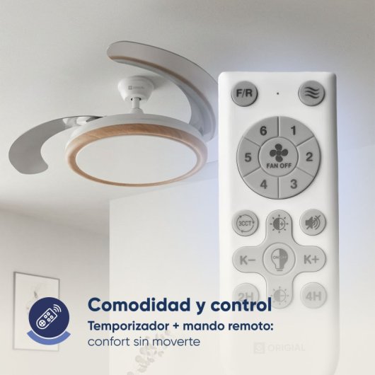 Ventilador de techo con aspas retráctiles, 106 cm, motor DC, 30W con luz y control remoto, madera