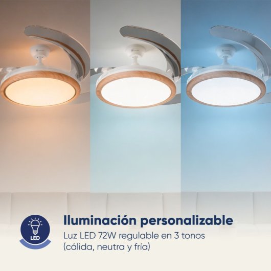 Ventilador de techo con aspas retráctiles, 106 cm, motor DC, 30W con luz y control remoto, madera