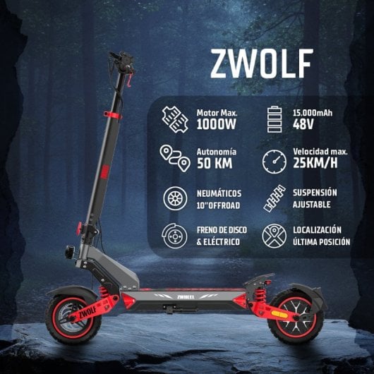 Patinete eléctrico Zwheel ZWolf 500W Autonomía 50km Ruedas 10" Off Road Doble suspensión Gris-rojo