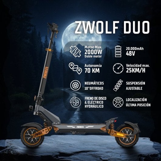 Patinete eléctrico Zwheel Zwolf Duo 2x500W Autonomía 70km Ruedas 10" Off Road Doble suspensión Frenos hidráulicos Gris-bronce
