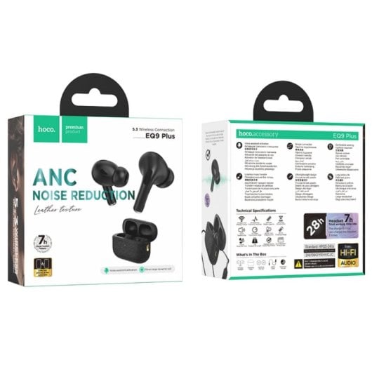 Auriculares Hoco EQ9 Plus inalámbricos Bluetooth con Cancelación de Ruido, control táctil y estuche de carga, negros