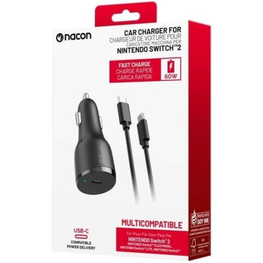 Nacon Adaptador de Carregamento Rápido para Carro 60W para Nintendo Switch, Switch 2, Smartphone, Tablet e PC