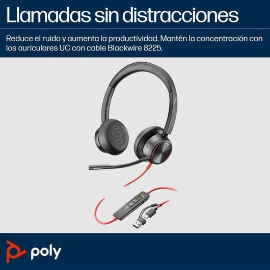 Auricolari Poly Blackwire 8225 con cavo USB-C, Cancelazione Rumore, Ufficio, Nero