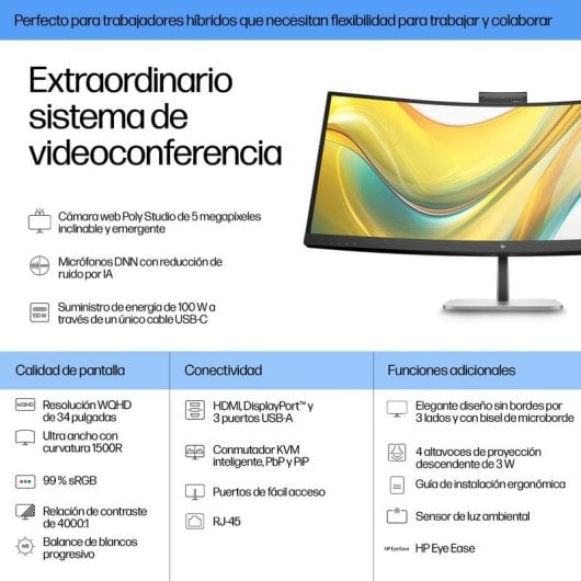 HP Series 5 Pro 534pm Monitor Curvo 34" UltraWide QHD 100Hz VA com Webcam 5MP, Áudio e USB-C