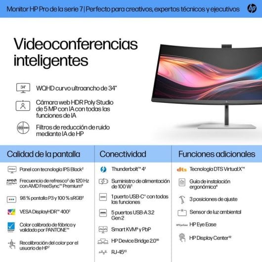 Écran PC HP Series 7 Pro 734pm 34" UltraWide Quad HD 120Hz IPS Black Curve Thunderbolt 4 WebCam AI HDR400