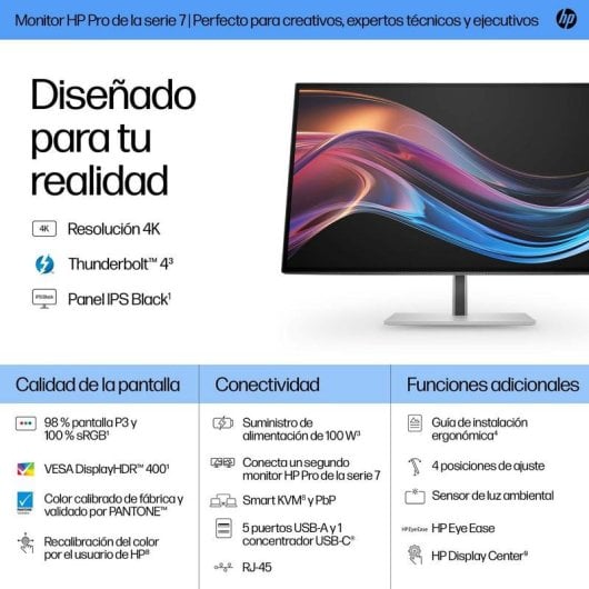 Écran PC HP Series 7 Pro 727pk 27" Ultra HD 4K 60Hz IPS Black Thunderbolt 4, HDR400, KVM