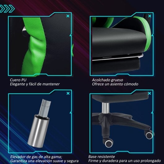 Vinsetto Silla Gaming De Cuero Pu Reclinable 135° Altura Ajustable Negro Y Verde