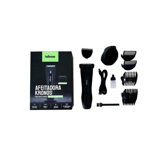 Máquina de Barbear Kocos Kronos Lâminas Sem Fios Preta Metal USB-C LCD 90min