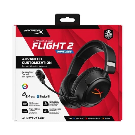 Auriculares HyperX Cloud Flight 2 inalámbricos Bluetooth Gaming con Cancelación de Ruido, RGB y micrófono extraíble, col