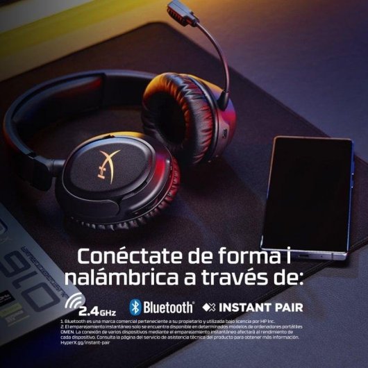 Auriculares HyperX Cloud Flight 2 inalámbricos Bluetooth Gaming con RGB y micrófono extraíble, color negro