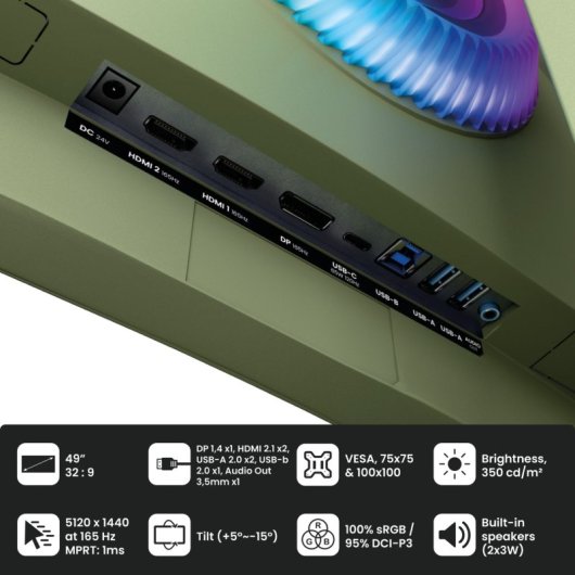 Écran PC Arozzi Nova 49" DQHD 165Hz VA incurvé USB-C HDR Vert