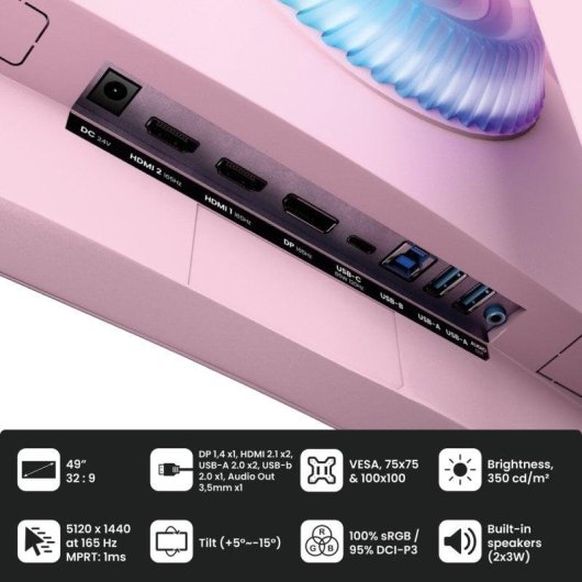 Monitor PC Arozzi Nova 49" Dual QHD 165Hz VA Curvo 4ms Regolabile Rosa
