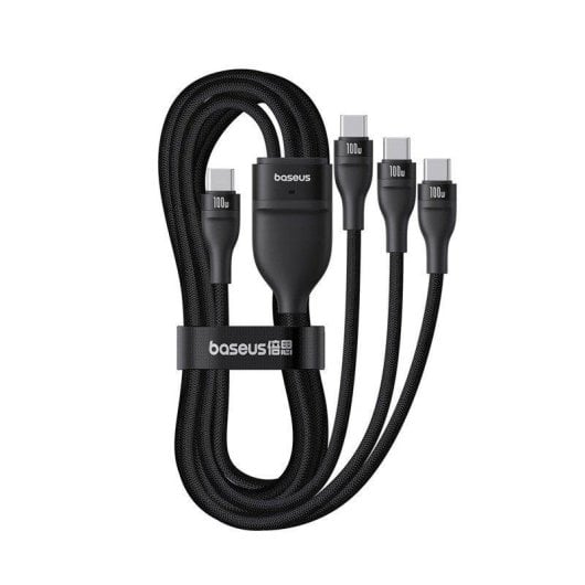 Câble Baseus Flash Series USB-C 1,5 m 3 ports 100 W tressé Noir