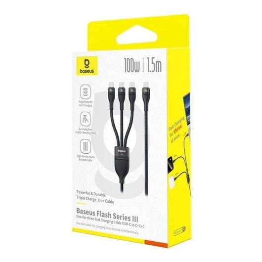 Câble Baseus Flash Series USB-C 1,5 m 3 ports 100 W tressé Noir