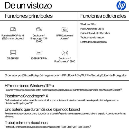 Portátil HP ProBook 4 G1q 14" Qualcomm Snapdragon X1-26-100 16GB 512GB SSD Adreno GPU Windows 11 Pro