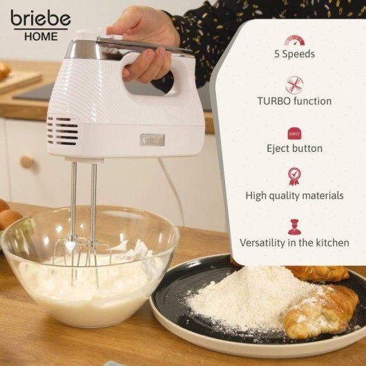 Handmixer Briebe Hm1174wht 400W 5 Geschwindigkeiten Turbo Weiß Edelstahlzubehör