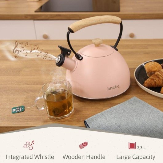 Chaleira Briebe 00447 Apito Aço Inoxidável 2,3 L Indução Rosa Pastel Pega Madeira