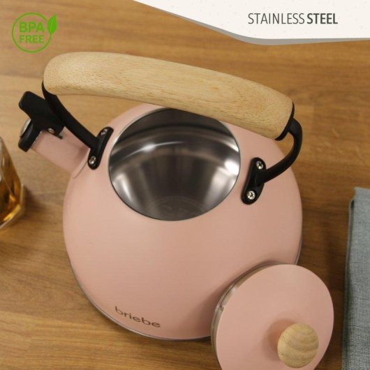 Chaleira Briebe 00447 Apito Aço Inoxidável 2,3 L Indução Rosa Pastel Pega Madeira
