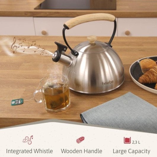 Bouilloire Briebe Wooden 2,3L Acier Inox Induction Rétro Poignée Bois