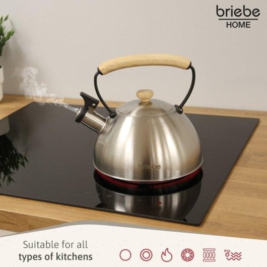 Bouilloire Briebe Wooden 2,3L Acier Inox Induction Rétro Poignée Bois